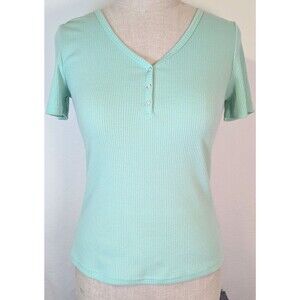 Fashion Mint Green Ribbed Henley Top Short Sleeve V-Neck Button Up Shirt Size M
